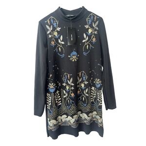 Zara Black Embroidered Floral Mini Shift Dress Long Sleeve Boho‎ Size Small-New